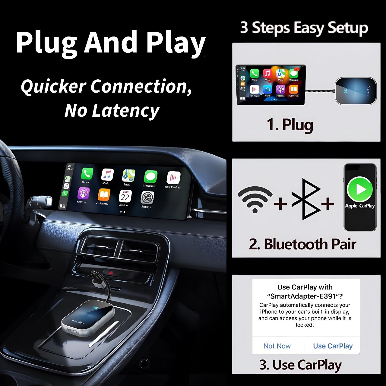 Sparkton Wireless CarPlay Adapter Fast Connection Plug-and-Play Apple CarPlay Dongle for iPhone & Android CarPlay Wireless Upgrade Compact USB C CarPlay Device