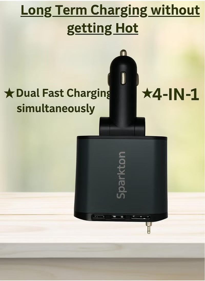 Sparkton 4 in 1 Fast Car Charger with Dual USB Ports USB-C Type-C Retractable Cable High Speed Mobile Charging Adapter Quick Charge 3.0 Vehicle Power Hub Universal Car Charger for iPhone Android Samsung Compact 12V Smart Auto USB C Phone Charging Plug.