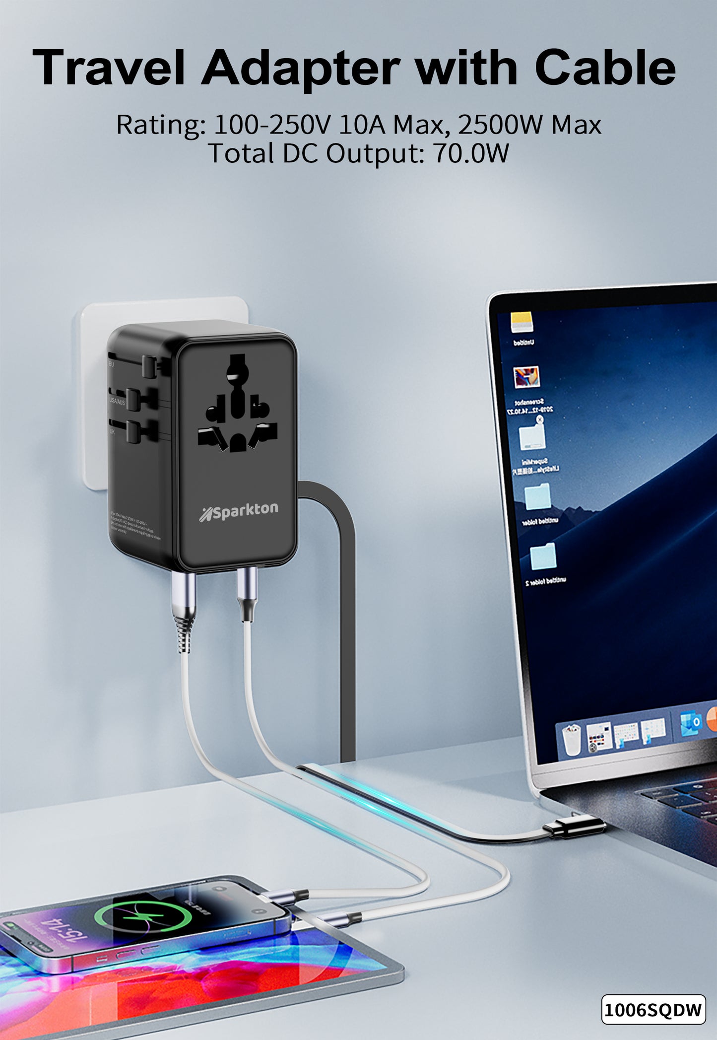 Sparkton Universal Travel Adapter 35W / 70W – Retractable Cable, 2500W AC, Fast Charging for iPhone, Samsung, iPad & Tablets