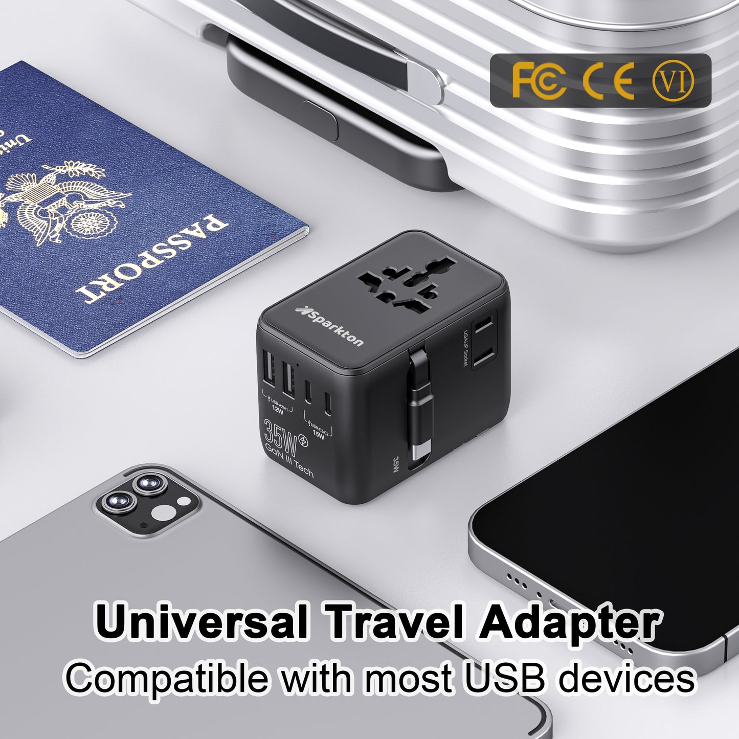 Sparkton Universal Travel Adapter 35W / 70W – Retractable Cable, 2500W AC, Fast Charging for iPhone, Samsung, iPad & Tablets