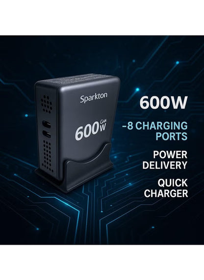 Sparkton 600W GaN³ Pro Fast Charger 8-Port USB Charging Station Hub with 140W+100W Type-C PD3.1 QC3.0 Smart Power Adapter for MacBook, iPhone, Samsung, Laptop, Tablet, Multi-Device GaN III Charger, LED Indicator, Travel Wall Plug High-Speed Power Brick