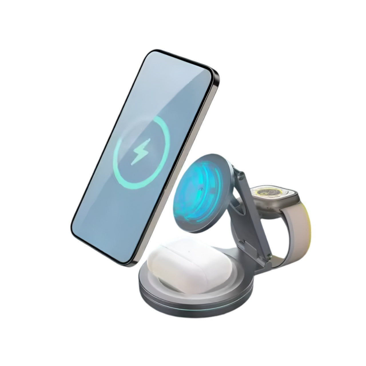 Sparkton 3 in 1 Wireless Charging Station Fast 15W Charger for iPhone Apple Watch and AirPods Qi Wireless Charging Dock with 360 Rotation Eco friendly Portable and Multi Device Charging Stand