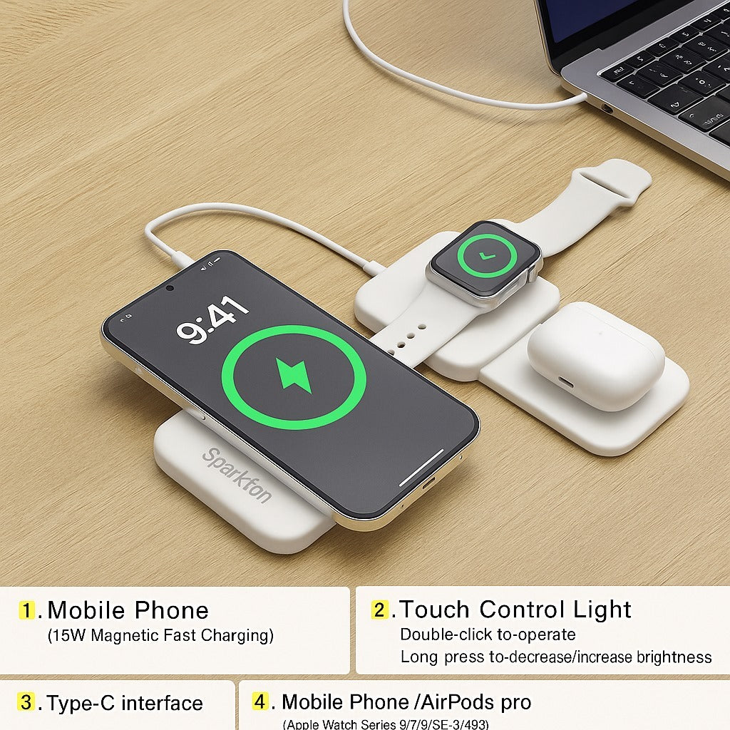 Sparkton 3 in 1 Wireless Charging Station for iPhone 15 14 13 Pro Max Mini Apple Watch Ultra 9 8 7 SE AirPods Pro 2 Fast Qi 15W Wireless Charger Pad Foldable iPhone Charging Stand Multi Device Dock Compact Desk Nightstand Charger Apple Trio Dock