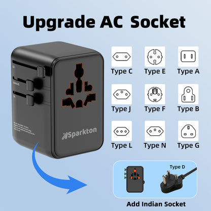 Sparkton Universal Travel Adapter 35W / 70W – Retractable Cable, 2500W AC, Fast Charging for iPhone, Samsung, iPad & Tablets