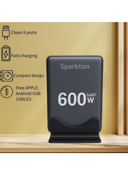 Sparkton 600W GaN³ Pro Fast Charger 8-Port USB Charging Station Hub with 140W+100W Type-C PD3.1 QC3.0 Smart Power Adapter for MacBook, iPhone, Samsung, Laptop, Tablet, Multi-Device GaN III Charger, LED Indicator, Travel Wall Plug High-Speed Power Brick