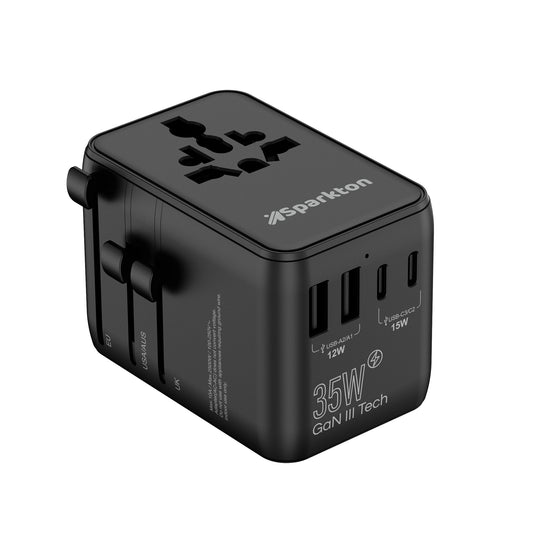 Sparkton Universal Travel Adapter 35W / 70W – Retractable Cable, 2500W AC, Fast Charging
