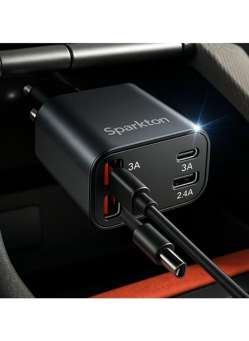 Sparkton 4 in 1 Fast Car Charger with Dual USB Ports USB-C Type-C Retractable Cable High Speed Mobile Charging Adapter Quick Charge 3.0 Vehicle Power Hub Universal Car Charger for iPhone Android Samsung Compact 12V Smart Auto USB C Phone Charging Plug.