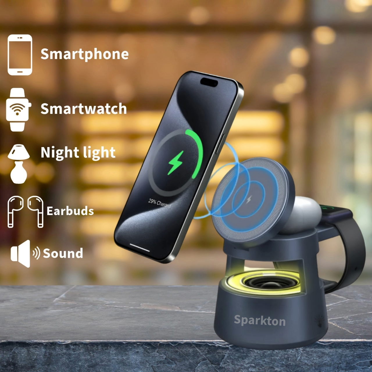 Sparkton 5 in 1 Wireless Charger Multi-Device Fast Charging Station for Smartphone Earbuds Smartwatch and More