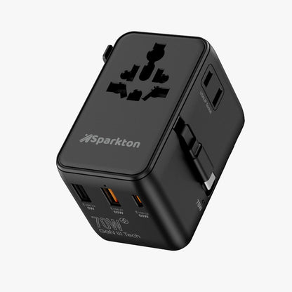 Sparkton Universal Travel Adapter 35W / 70W – Retractable Cable, 2500W AC, Fast Charging for iPhone, Samsung, iPad & Tablets