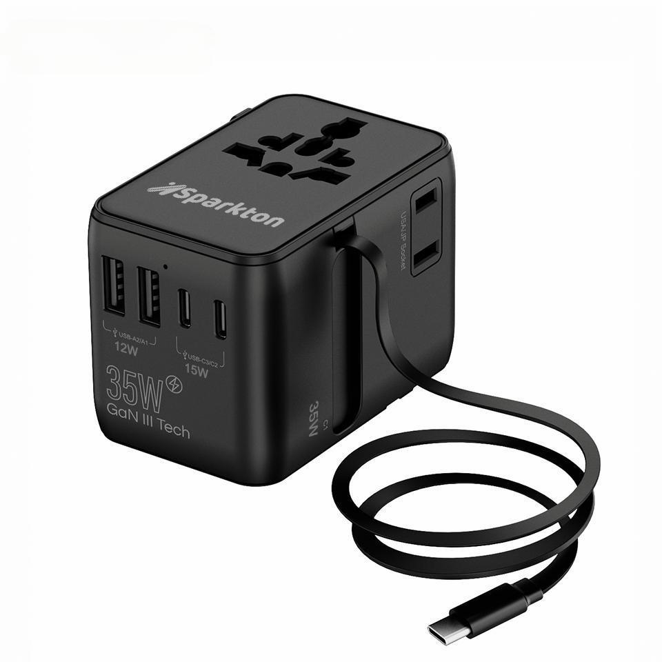 Sparkton Universal Travel Adapter 35W / 70W – Retractable Cable, 2500W AC, Fast Charging for iPhone, Samsung, iPad & Tablets