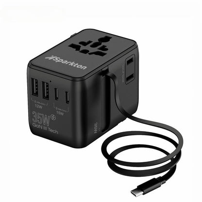 Sparkton Universal Travel Adapter 35W / 70W – Retractable Cable, 2500W AC, Fast Charging for iPhone, Samsung, iPad & Tablets