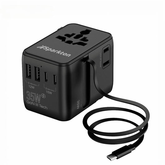 Sparkton Universal Travel Adapter 35W / 70W – Retractable Cable, 2500W AC, Fast Charging for iPhone, Samsung, iPad & Tablets