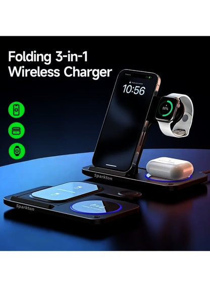 Sparkton 3-in-1 Wireless Charging Station for iPhone Apple Watch & AirPods - Fast Charging Dock with LED Indicator, Multi-Device Charger Stand