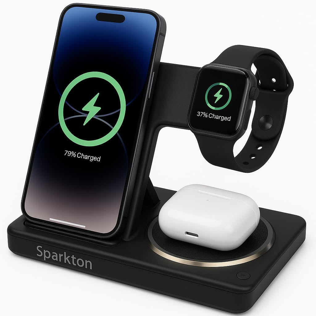 Sparkton 3-in-1 Wireless Charging Station for iPhone Apple Watch & AirPods - Fast Charging Dock with LED Indicator, Multi-Device Charger Stand