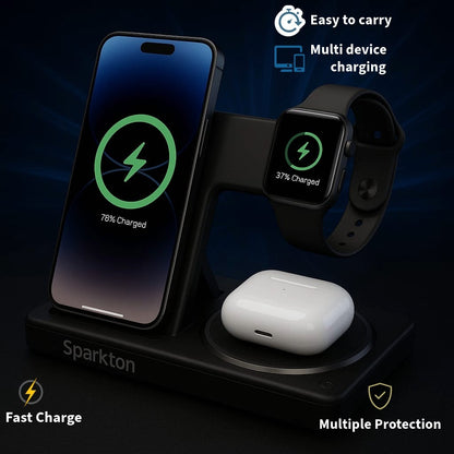 Sparkton 3-in-1 Wireless Charging Station for iPhone Apple Watch & AirPods - Fast Charging Dock with LED Indicator, Multi-Device Charger Stand
