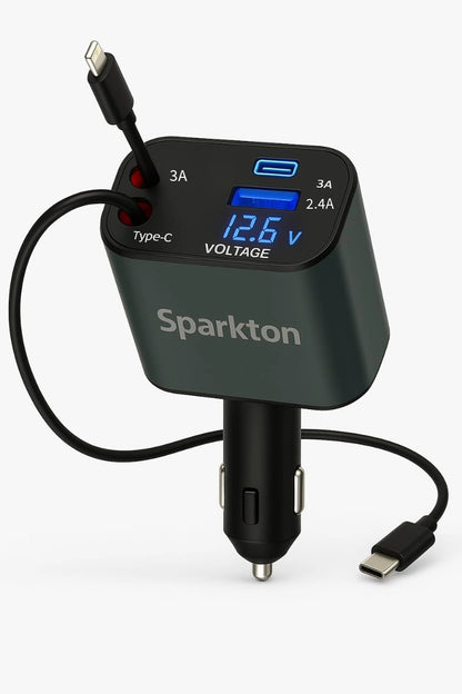 Sparkton 4 in 1 Fast Car Charger with Dual USB Ports USB-C Type-C Retractable Cable High Speed Mobile Charging Adapter Quick Charge 3.0 Vehicle Power Hub Universal Car Charger for iPhone Android Samsung Compact 12V Smart Auto USB C Phone Charging Plug.