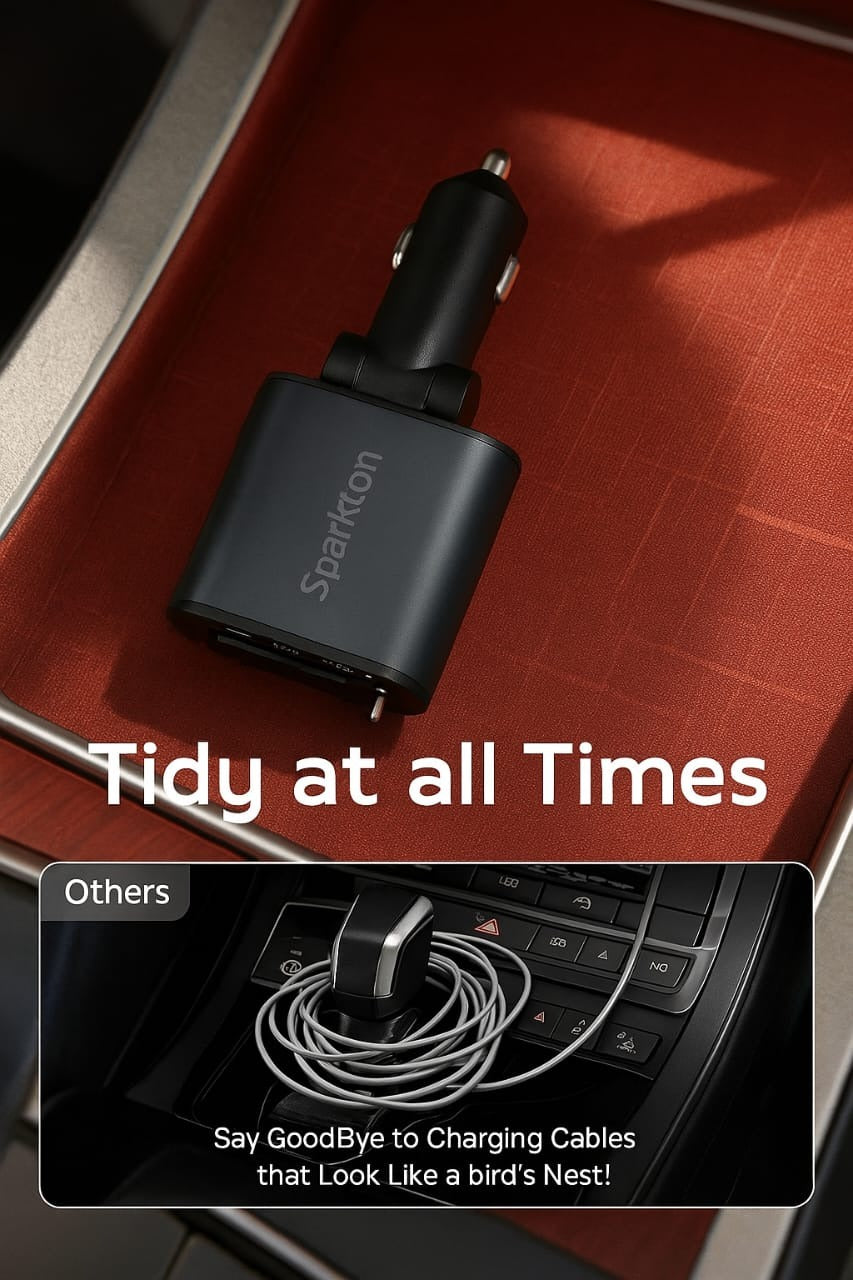 Sparkton 4 in 1 Fast Car Charger with Dual USB Ports USB-C Type-C Retractable Cable High Speed Mobile Charging Adapter Quick Charge 3.0 Vehicle Power Hub Universal Car Charger for iPhone Android Samsung Compact 12V Smart Auto USB C Phone Charging Plug.