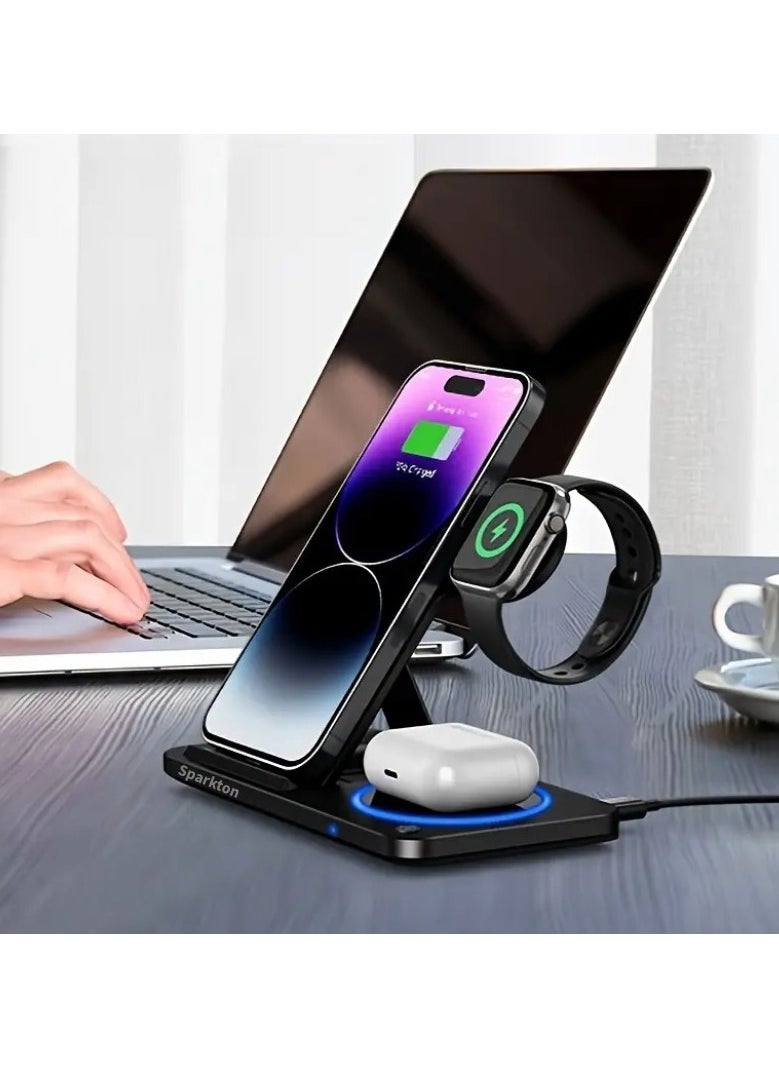 Sparkton 3-in-1 Wireless Charging Station for iPhone Apple Watch & AirPods - Fast Charging Dock with LED Indicator, Multi-Device Charger Stand