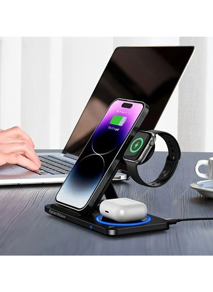 Sparkton 3-in-1 Wireless Charging Station for iPhone Apple Watch & AirPods - Fast Charging Dock with LED Indicator, Multi-Device Charger Stand