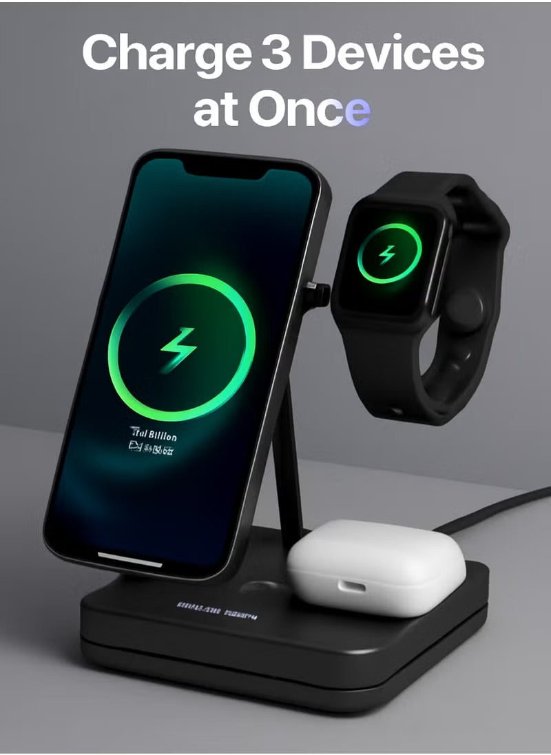 Wireless Charging Pad, FACEVER 3-in-1 Magnetic Wireless Charger for iPhone 12 11 Models/XS/X/XR/SE 2/Apple Watch Series/Airpods Pro, Fold Charging Station Dock Compatible for Apple Magsafe Accessories