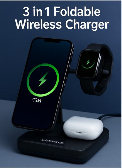 Wireless Charging Pad, FACEVER 3-in-1 Magnetic Wireless Charger for iPhone 12 11 Models/XS/X/XR/SE 2/Apple Watch Series/Airpods Pro, Fold Charging Station Dock Compatible for Apple Magsafe Accessories