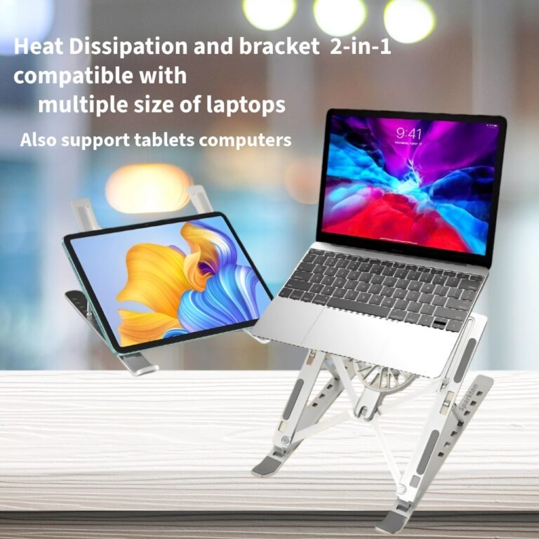 Portable Foldable Aluminium Alloy Desktop Laptop 7-levels Stand Tablet Stand Cooling Fan -(Silver)