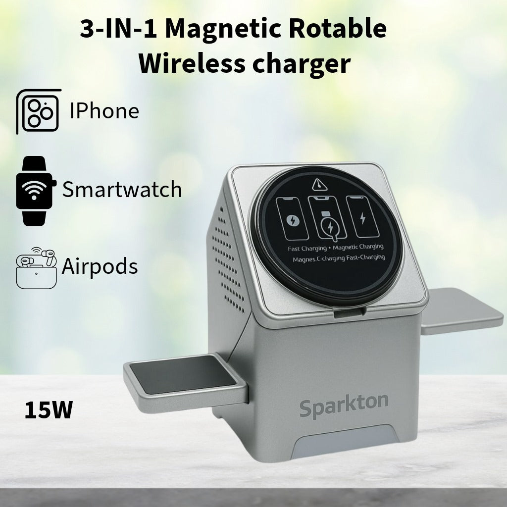 Magnetic Wireless Charger/Fast Charger – 3-in-1 Intelligent Fast Charging Station 15W for iPhone 12/13/14/15/16 Series, Apple Watch & AirPods Series