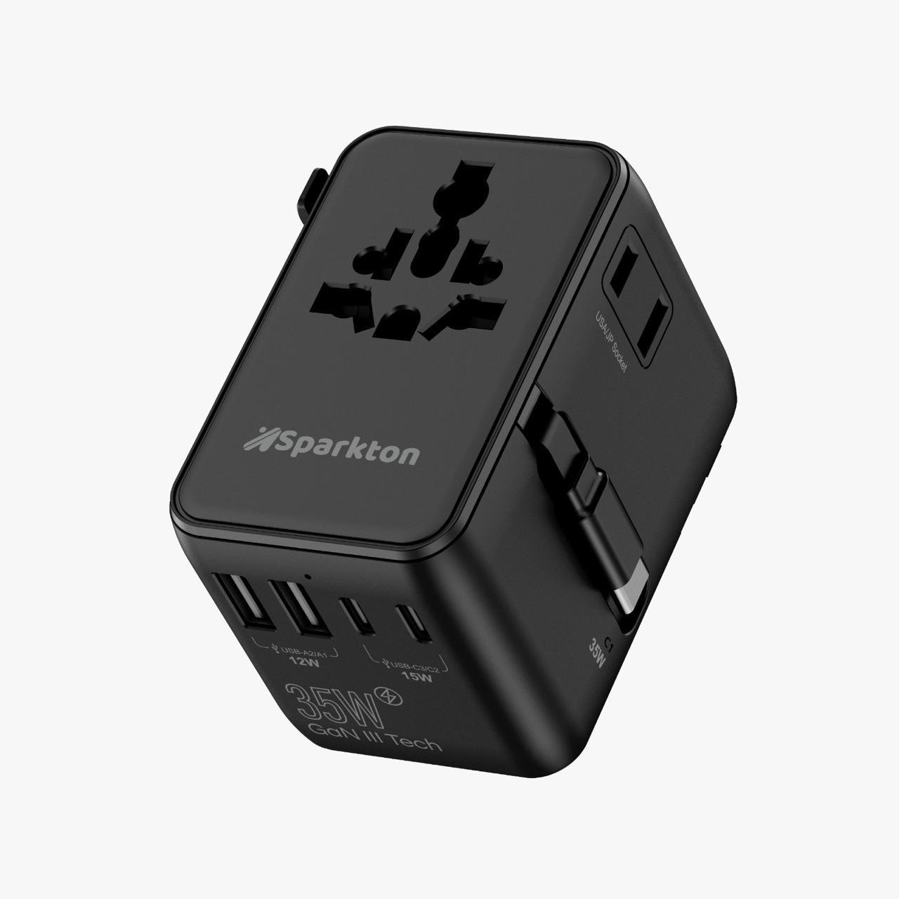 Sparkton Universal Travel Adapter 35W / 70W – Retractable Cable, 2500W AC, Fast Charging for iPhone, Samsung, iPad & Tablets - Image 2