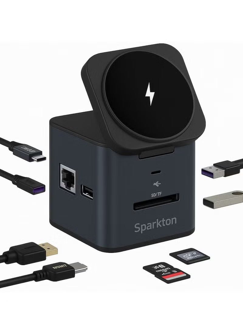Sparkton 9-in-1 USB-C Docking Station with 15W MagSafe Wireless Charger | 4K HDMI, PD 100W, USB 3.0 Hub, SD/TF Reader & Ethernet | Multiport USB-C Hub for MacBook, iPhone, iPad & Windows Laptops