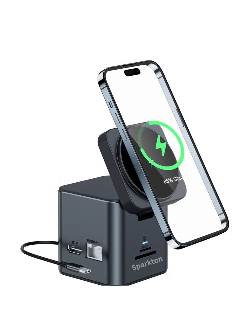 Sparkton 9-in-1 USB-C Docking Station with 15W MagSafe Wireless Charger | 4K HDMI, PD 100W, USB 3.0 Hub, SD/TF Reader & Ethernet | Multiport USB-C Hub for MacBook, iPhone, iPad & Windows Laptops - Image 2
