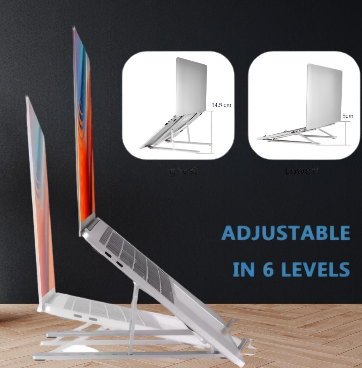 Portable Laptop Stand with 7 Adjustable Levels and Secure Riveted Joints. Features Anti-Slip Silicone Grips, Suitable for laptops 15.6 inches. Easily Foldable for Convenience - Image 5